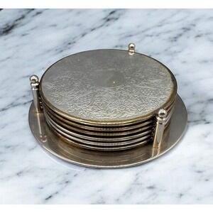 Vintage Silver Embossed Coasters Set Of 6 With Holder Ornate Barware